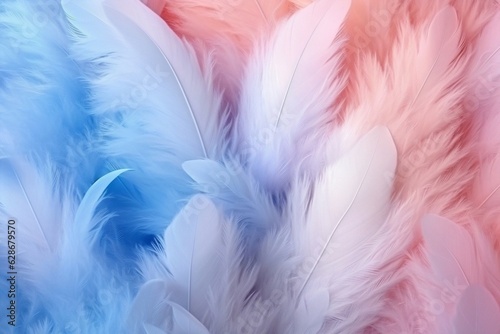 Generative AI   Airy soft fluffy feather closeup of macro of blue and pink pastel shades on white background with soft focus Abstract gentle natural background with feather