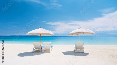 Generative AI   Beautiful beach with white sand turquoise ocean and blue sky with clouds on Sunny day Summer tropical landscape with green palm trees and Straw umbrellas panoramic view