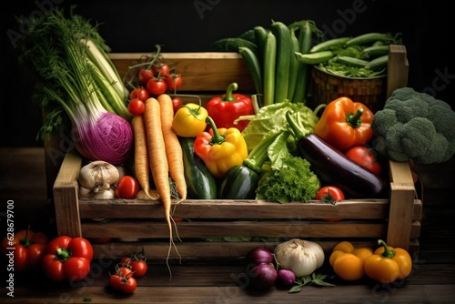 Generative AI   Composition with variety of fresh organic juicy vegetables on white wooden table in a basket on a light texture background Assortment of fresh colorful vegetables