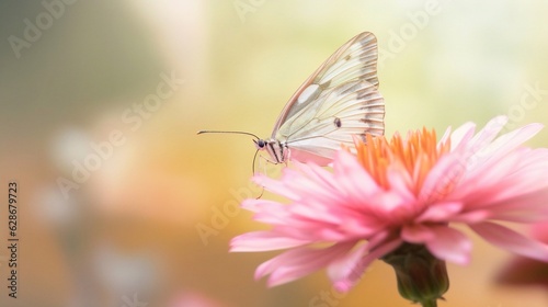 Generative AI : A cabbage white butterfly Pieris brassicae on pink flower in nature macro Graceful gentle artistic image of beauty of wild nature