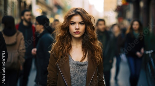 Serious attractive young woman posing in a crowded sidewalk