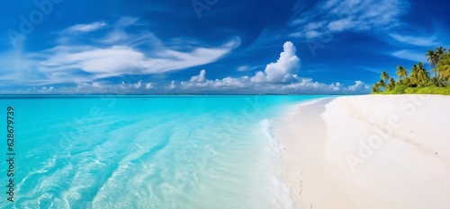 Generative AI : Beautiful beach with white sand turquoise ocean blue sky with clouds and palm tree over the water on a Sunny day Maldives perfect tropical landscape ultra wide format