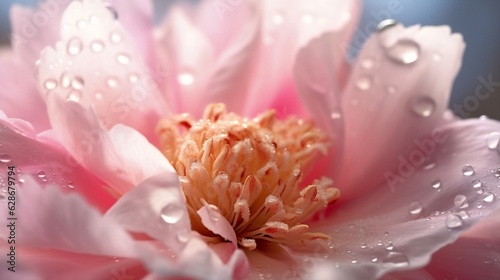 Generative AI : Beautiful transparent drop of water or dew with sun glare on petal of pink peony flower macro Gentle artistic image of purity and beauty of nature