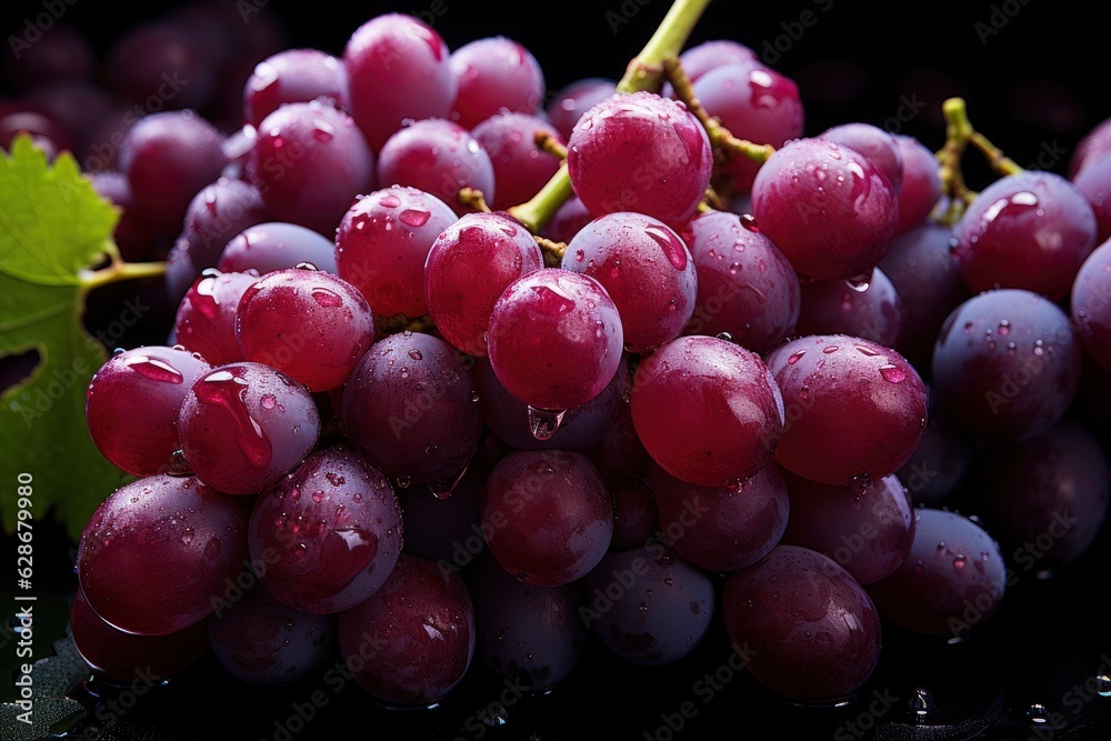 Fototapeta premium Ripe red grape. Pink bunch with leaves Created using generative AI tools