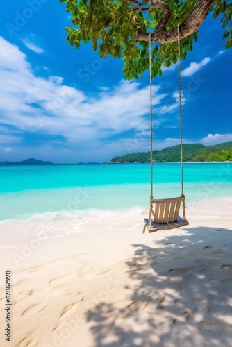 Generative AI : Beautiful natural tropical landscape beach with white sand and Palm tree with swing bridge going into distance Turquoise ocean on background blue sky with clouds on sunny summer day © Generative AI