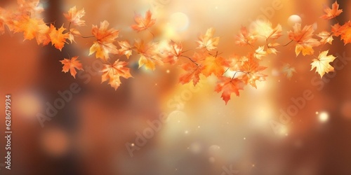 Generative AI   Autumn background with border of orange gold and red maple leaves on nature on background of sunlight with soft blurred beautiful bokeh