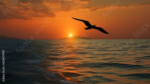 Generative AI   A seagull is flying in the sky above the sea at dawn Beautiful sky with clouds at sunset