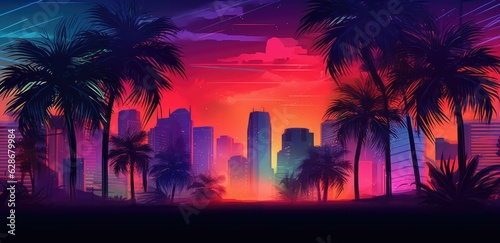 Night city view with dark magenta and neon sky, palm trees.