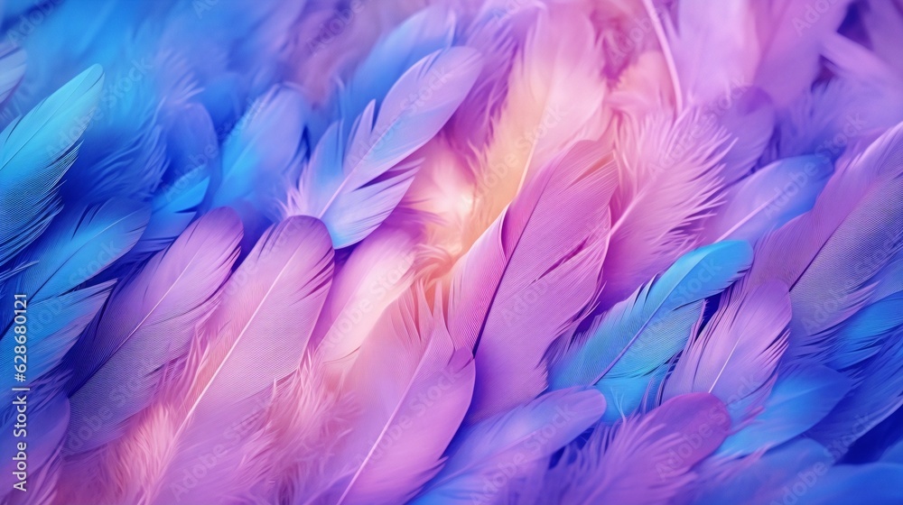 Fototapeta premium Generative AI : Background gentle airy texture of light feather with water drops macro Tinted blue pink and purple pastel colour Elegant romantic artistic image