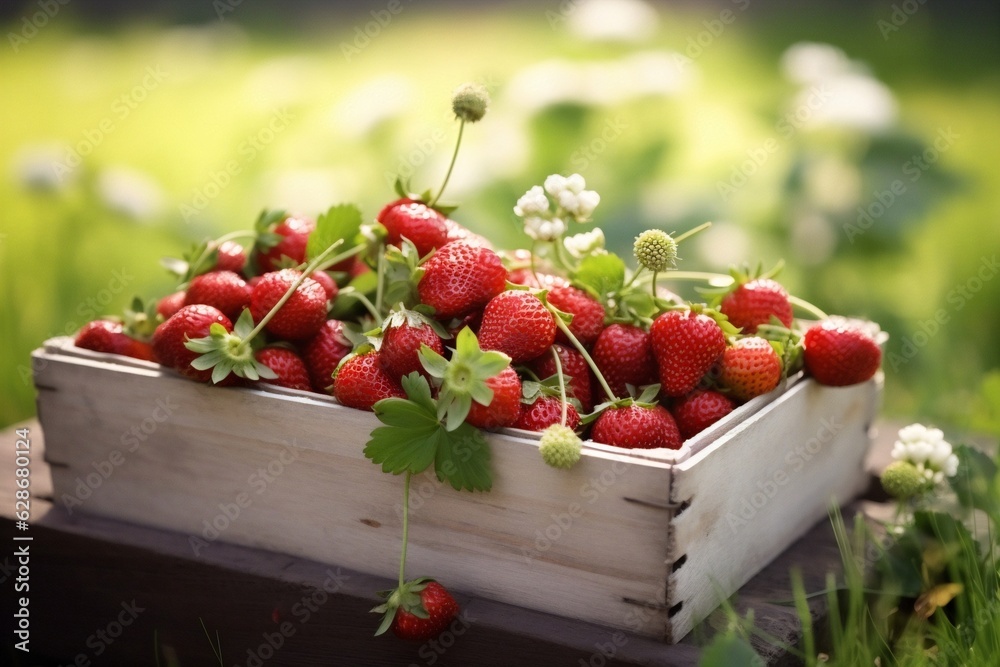 Generative AI : Beautiful ripe strawberries in a basket on the floral lawn in the sun outdoors in the summer Beautiful blurred background Generative AI : Beautiful ripe strawberries in a basket on the floral lawn in the sun outdoors in the summer Beautiful blurred background