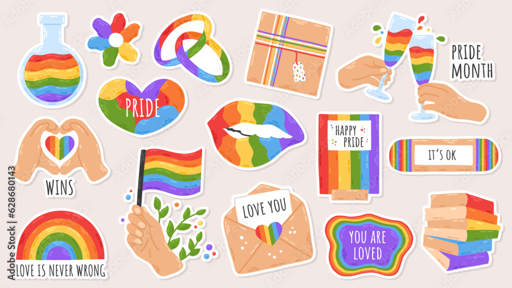 LGBT pride community sticker pack on white background. Rainbow hand drawn flat cartoon elements. Vector illustration