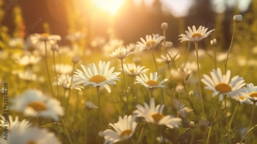 Generative AI : A lot of chamomile in summer meadow in nature in sunshine at sunset and a flying bumblebee Beautiful summer landscape with field of daisies in golden colors of sunset Summer wallpapers Generative AI : A lot of chamomile in summer meadow in nature in sunshine at sunset and a flying bumblebee Beautiful summer landscape with field of daisies in golden colors of sunset Summer wallpapers