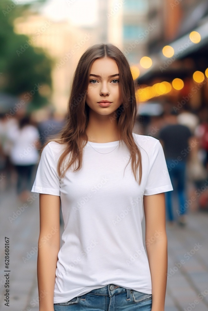 Generative AI : Beautiful cute girl with long dark hair smiling and looking at camera on city street Fashionable stylish image Generative AI : Beautiful cute girl with long dark hair smiling and looking at camera on city street Fashionable stylish image