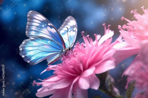 Generative AI : A gentle blue butterfly on a fluffy pink flower in nature in soft pastel colors with a soft focus macro Dreamy romantic elegant art image of living nature