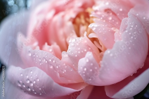 Generative AI : Beautiful shiny water droplets on flower petal peony macro Drops of dew on a pink petal Gentle soft elegant airy artistic image with soft focus