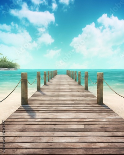 Generative AI : Beautiful landscape with bridge to pier Color fusion of ocean and sky Light ripples on amazingly clear water Perspective receding into distance Image fine vacation on summer Relax and  © Generative AI