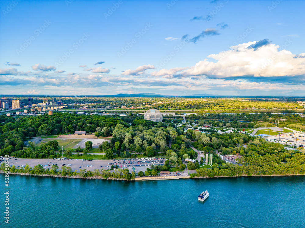 Aerial drone shot of St. Lawrence River scenery and beautiful buildings