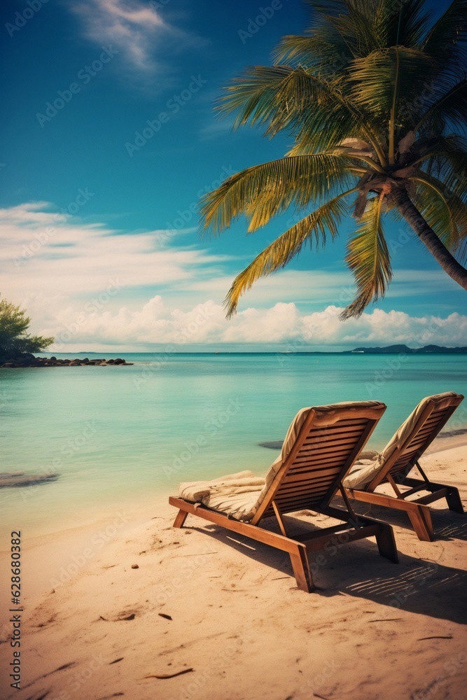 Generative AI : Beautiful tropical beach with white sand and two sun loungers on background of turquoise ocean and blue sky with clouds Framing of leaves of tropical plants Perfect landscape for relax