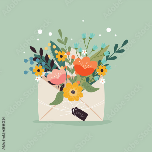 Floral envelope. Various flowers in a modern style. Dried flowers. Invitation full of flowers with blank label vector illustration
