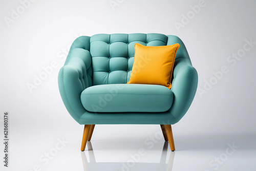 Turquoise fabric armchair with cushions. Modern armchair on white background. Created with generative AI.	