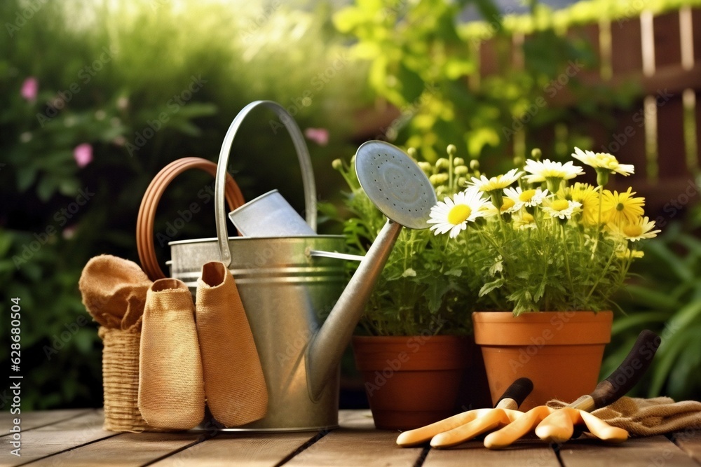 Generative AI : Concept background for gardening Begonia flowers a garden watering can gloves small shovel sprouts in a garden wheelbarrow on a green lawn with daisies in the sunlight Free space for t Generative AI : Concept background for gardening Begonia flowers a garden watering can gloves small shovel sprouts in a garden wheelbarrow on a green lawn with daisies in the sunlight Free space for t