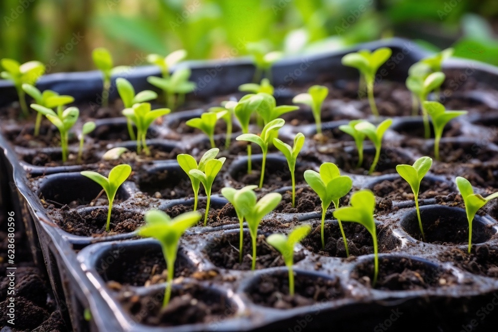 Generative AI : beautiful Fresh green young seedlings of sweet pepper plants in a brown soil is top view is closeup There is room for text