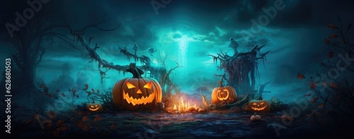 Scary pumpkin found in a enchanted and destroyed forest illuminated by the moonlight at night.