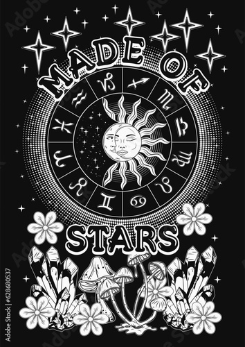 Poster with zodiac wheel, sun eclipse, mushrooms, stars, crystals of gemstones, flowers. Concept of sacred spirit, extended mind. Magic, mystical surreal illustration. Retro style
