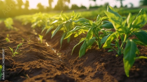 Generative AI : Concept of growing vegetable crops Young sweet bell pepper plants on the ground hand holds an empty nameplate garden shovel in a greenhouse against the sky Closeup macro © Generative AI