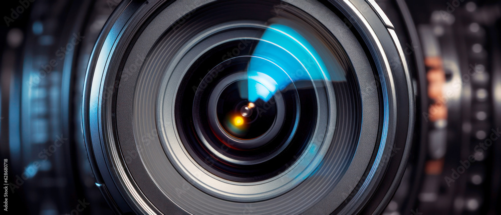 Video camera lens close up. 21 to 9 aspect ratio. Generative AI Video camera lens close up. 21 to 9 aspect ratio. Generative AI