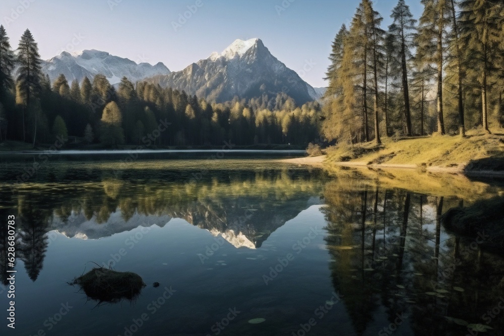 Generative AI : Amazingly beautiful summertime landscape with a mountain lake with emerald water surrounded by coniferous forests and majestic mountains