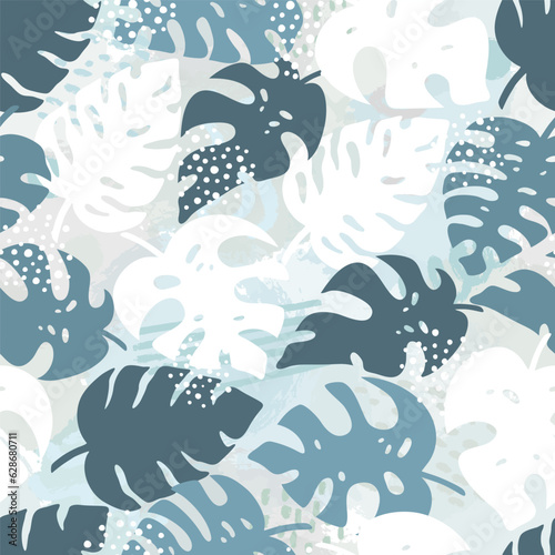 Seamless pattern of tropical palm leaves, jungle Monstera leaves and brush shape. Exotic collection of plants and grunge texture. Botanical vector illustration for wallpaper, wrapping paper, fabric © Diana Kovach