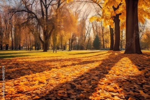 Generative AI   Beautiful autumn background landscape Carpet of fallen orange autumn leaves in park and blue umbrella Leaves fly in wind in sunlight Concept of Golden autumn