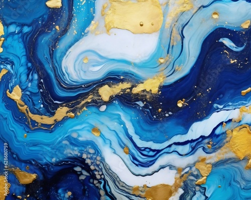 Generative AI : Beautiful abstract ART background random free mixing of paints in technique of liquid acrylic and gold powder Artistic image aerial view island in ocean in blue golden tones