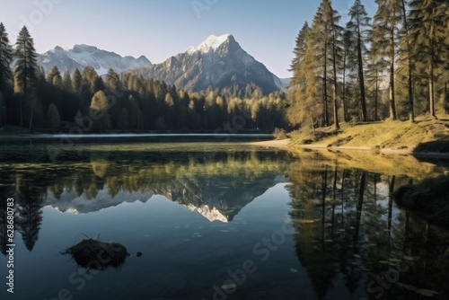 Generative AI   Amazingly beautiful summertime landscape with a mountain lake with emerald water surrounded by coniferous forests and majestic mountains
