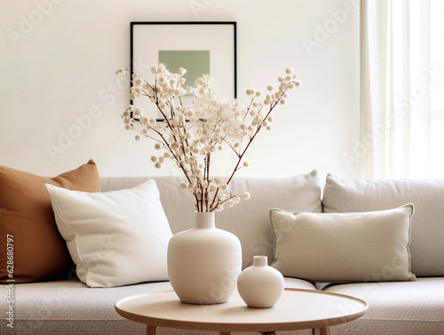 Photo Close up of fabric sofa with white and terra cotta pillows