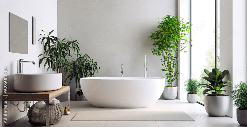 Minimalist style interior design of modern bathroom with concrete wall.
