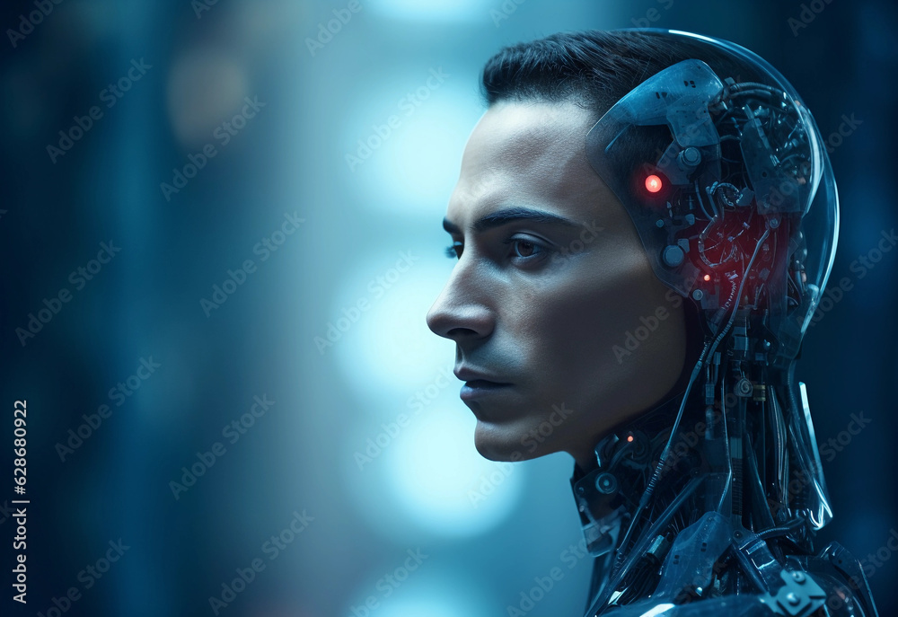 Captivating high-resolution image featuring a man's face, intricately transformed into a cybernetic entity controlled by Artificial Intelligence. . Machine learning, AI (generated with AI)