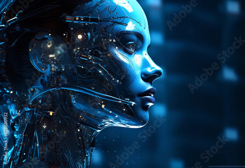 Captivating high-resolution image featuring a woman's face, intricately transformed into a cybernetic entity controlled by Artificial Intelligence. . Machine learning, AI (generated with AI) © AI DREAMS