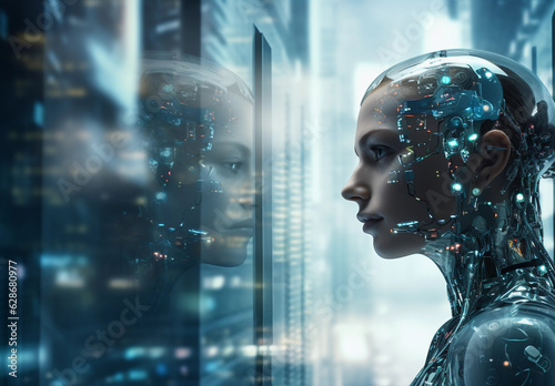 Captivating high-resolution image featuring a woman s face  intricately transformed into a cybernetic entity controlled by Artificial Intelligence. . Machine learning  AI  generated with AI 