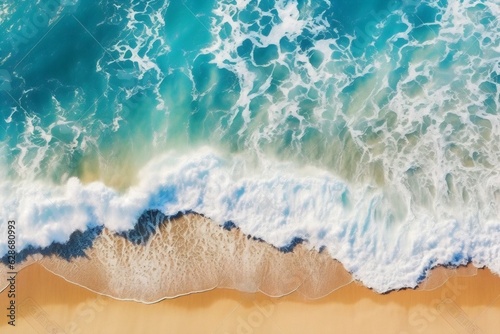 Generative AI : Beautiful background image of nature of sea surf with waves running on beach sand and caps of white foam Texture of sea surf in blue and turquoise tones