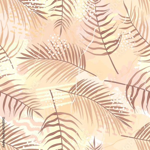 Seamless pattern of tropical leaves of palm tree  Arecaceae leaf and brush shape. Exotic collection of plant and grunge texture. Hand drawn vector illustration for wallpaper  wrapping paper  fabric