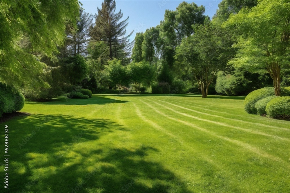 Generative AI : Beautiful manicured lawn and flowerbed with deciduous shrubs on plot or Park outdoor Green lawn closely mowed as grass background