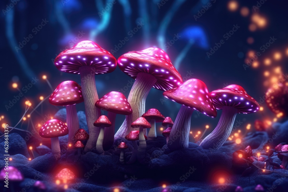 Close-up glowing mushrooms in ultra realistic style in purple and red lighting style. Close-up glowing mushrooms in ultra realistic style in purple and red lighting style.