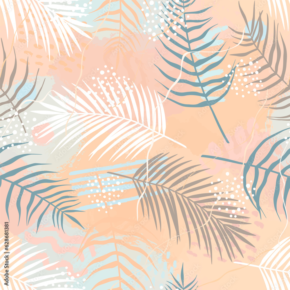 Fototapeta premium Seamless pattern of tropical leaves of palm tree, Arecaceae leaf and brush shape. Exotic collection of plant and grunge texture. Hand drawn vector illustration for wallpaper, wrapping paper, fabric