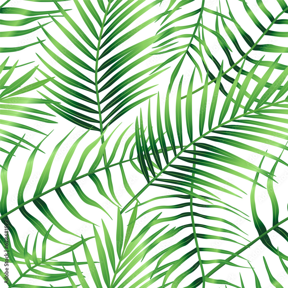 Naklejka premium Seamless pattern of tropical leaves of palm tree, Arecaceae leaf. Exotic collection of green plant. Hand drawn botanical vector illustration for greeting card, wallpaper, wrapping paper, fabric