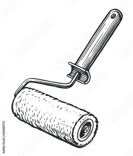 Paint roller in sketch style. Interior renovation work. Vintage vector illustration