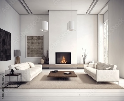 White and wood-dominated living room with fireplace. © OKAN