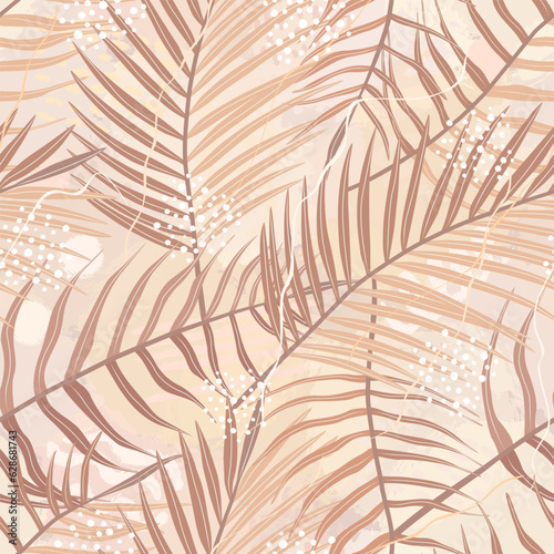 Seamless pattern of tropical leaves of palm tree, Arecaceae leaf and brush shape. Exotic collection of plant and grunge texture. Hand drawn vector illustration for wallpaper, wrapping paper, fabric