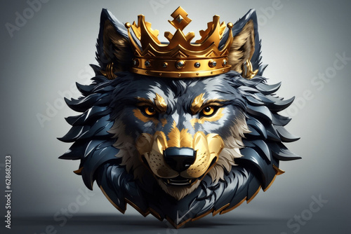 A regal wolf mascot head logo with a golden crown, its proud expression radiating power and strength, generative Ai